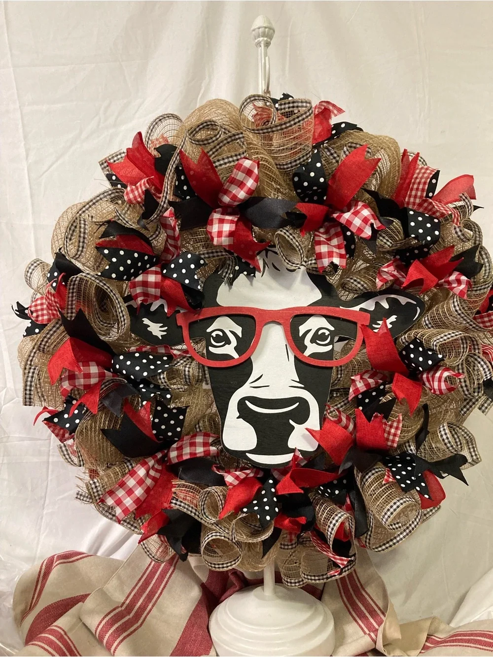 Handmade Cow Face Holiday Wreath with Red Accents
